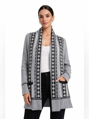 TK Open-Front Nordic Pattern Cardigan Sweater Medium Navy White